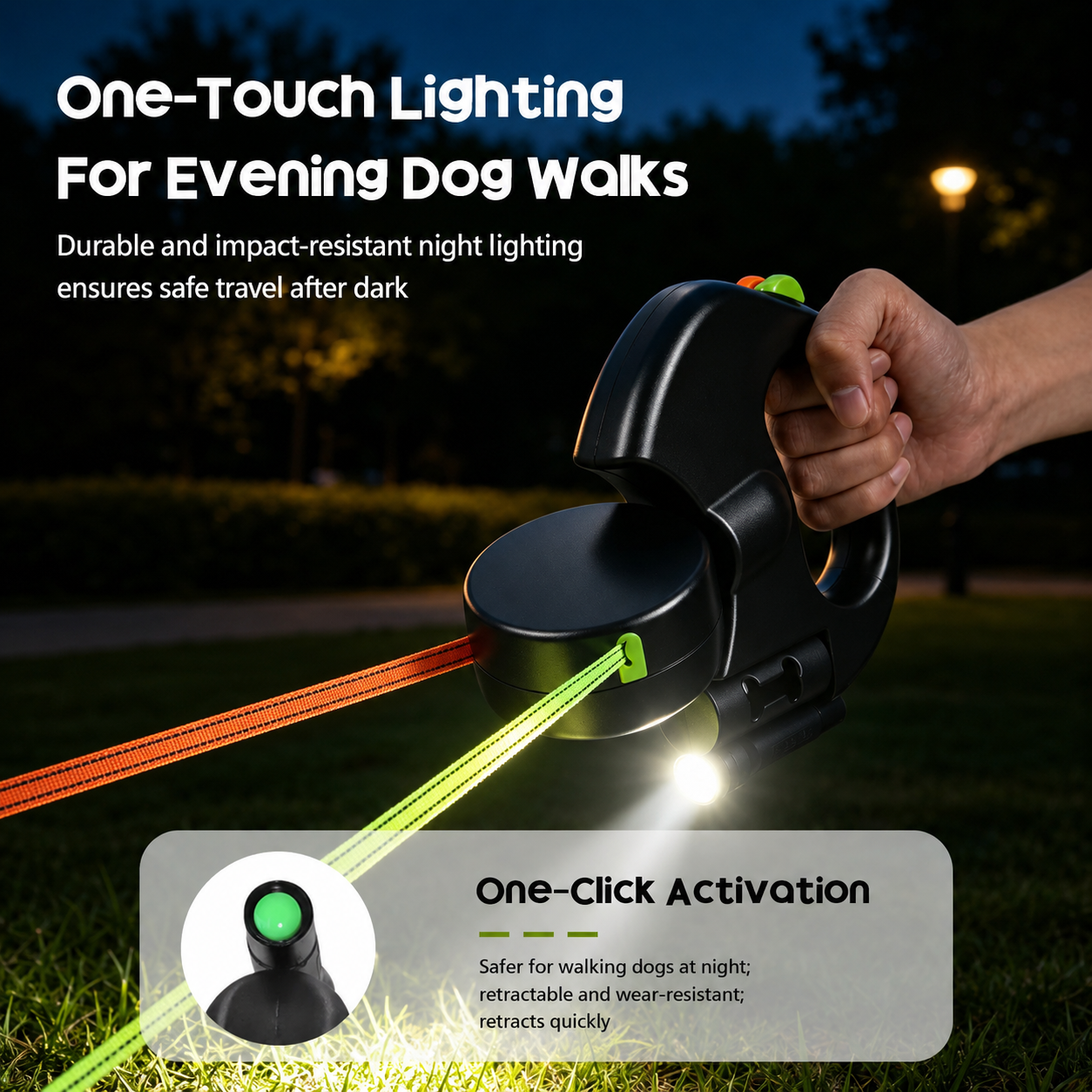 Built-in LED flashlight for walking two dogs at night