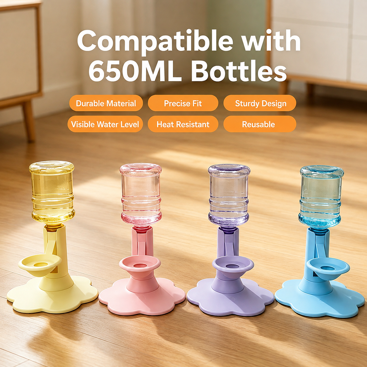 Blue pink yellow and purple gravity cat water dispensers
