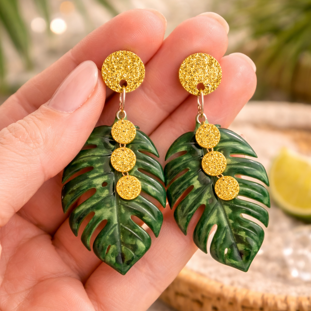 Monstera and Shiny Yellow Dangle Earrings