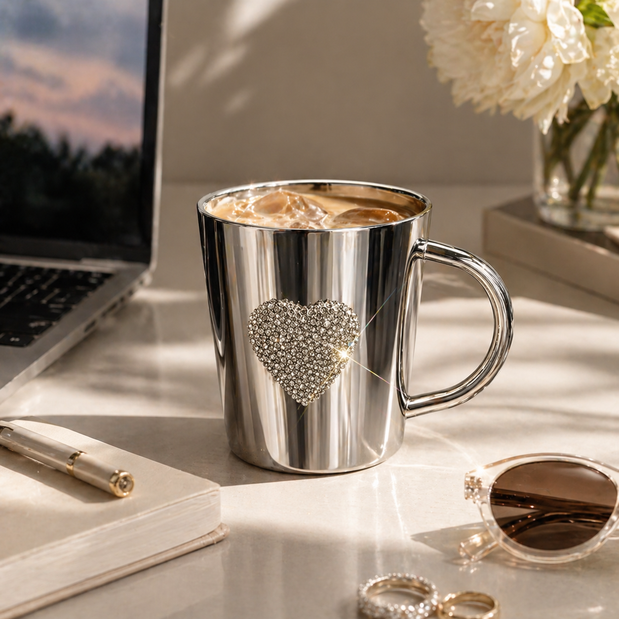 Luxury Rhinestone Heart Stainless Steel Tumbler – Sparkling Bling Cup for Home, Office & Gifts