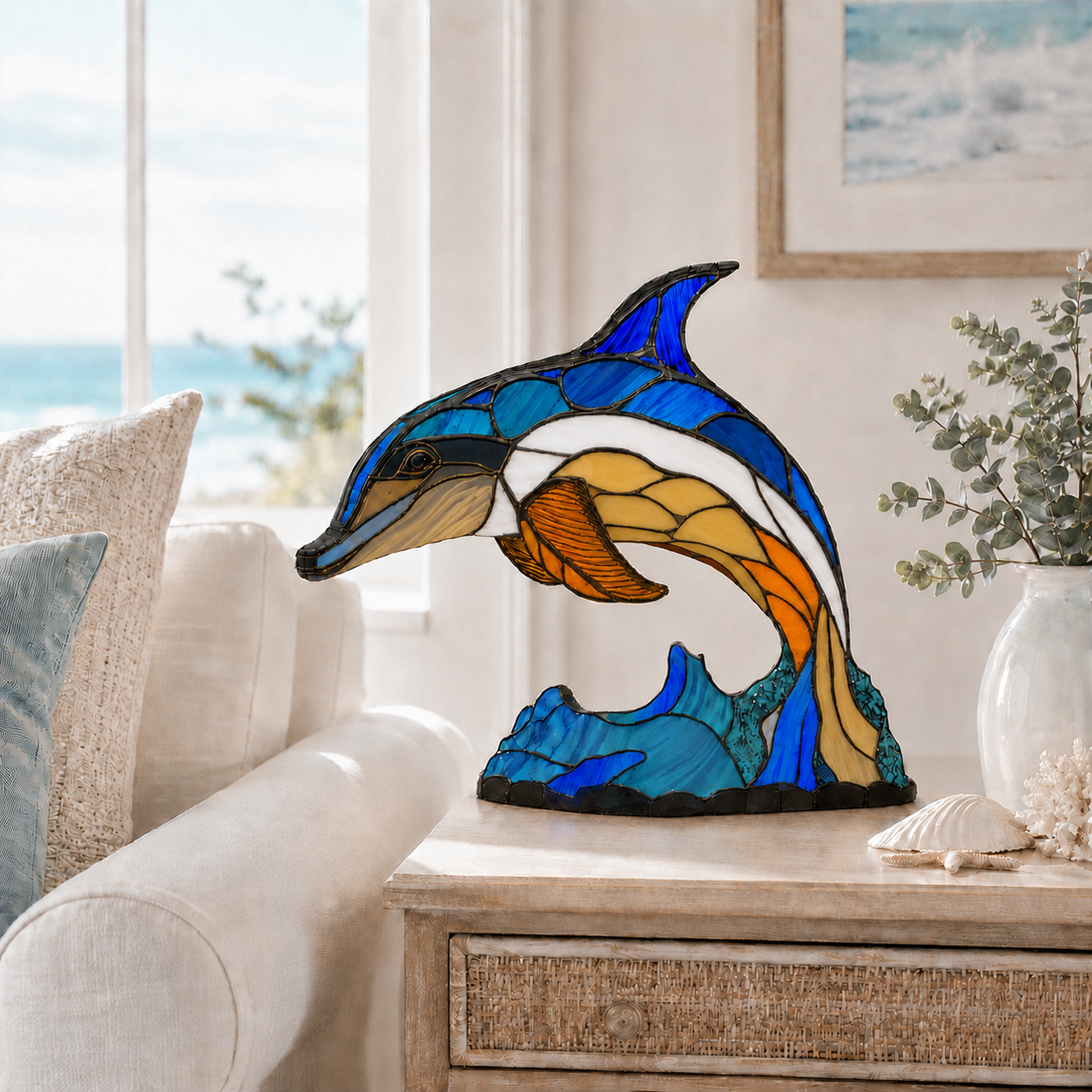 🔥70% OFF 🐬Whimsical Leaping Dolphin Lamp – Vibrant Tiffany Style Stained Glass Ocean Lighting🌊