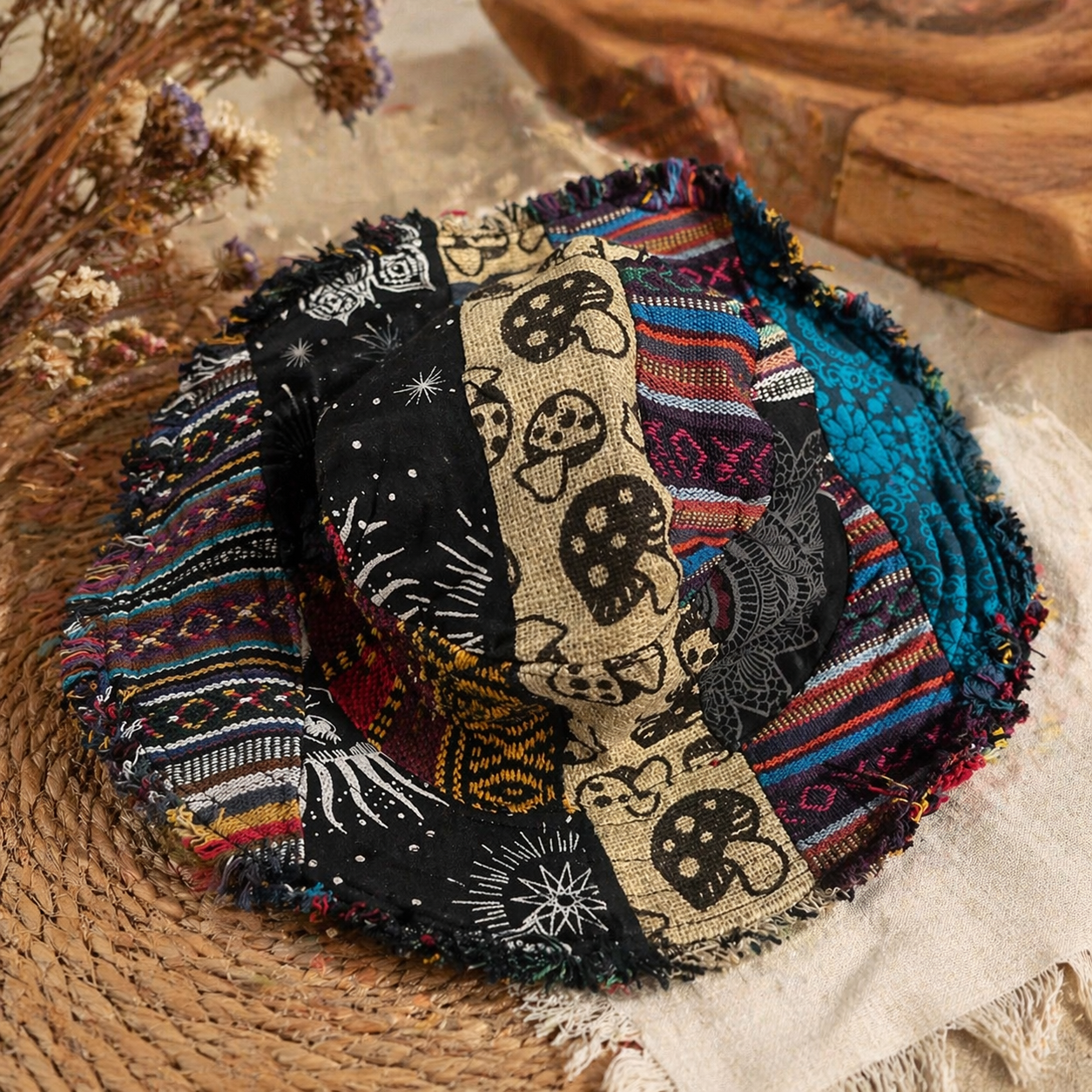 Hippie Haberdashery-🍄Patchwork Multicolored Mushroom Hemp Hat with Hidden Pocket Fedorahats🎩