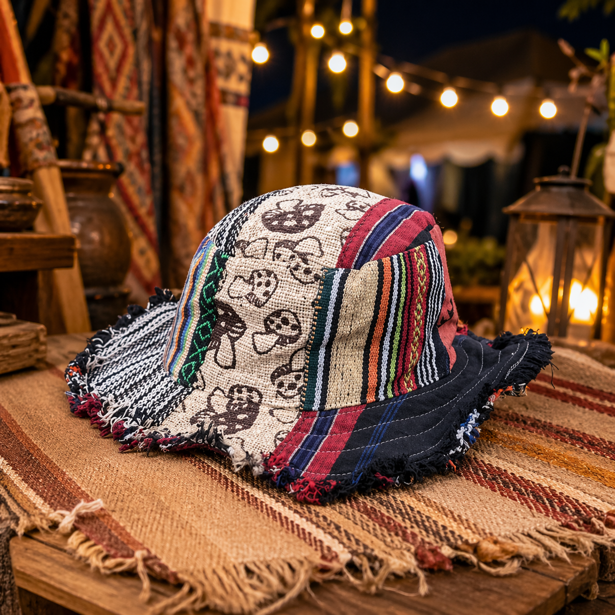 Hippie Haberdashery-🍄Patchwork Multicolored Mushroom Hemp Hat with Hidden Pocket Fedorahats🎩