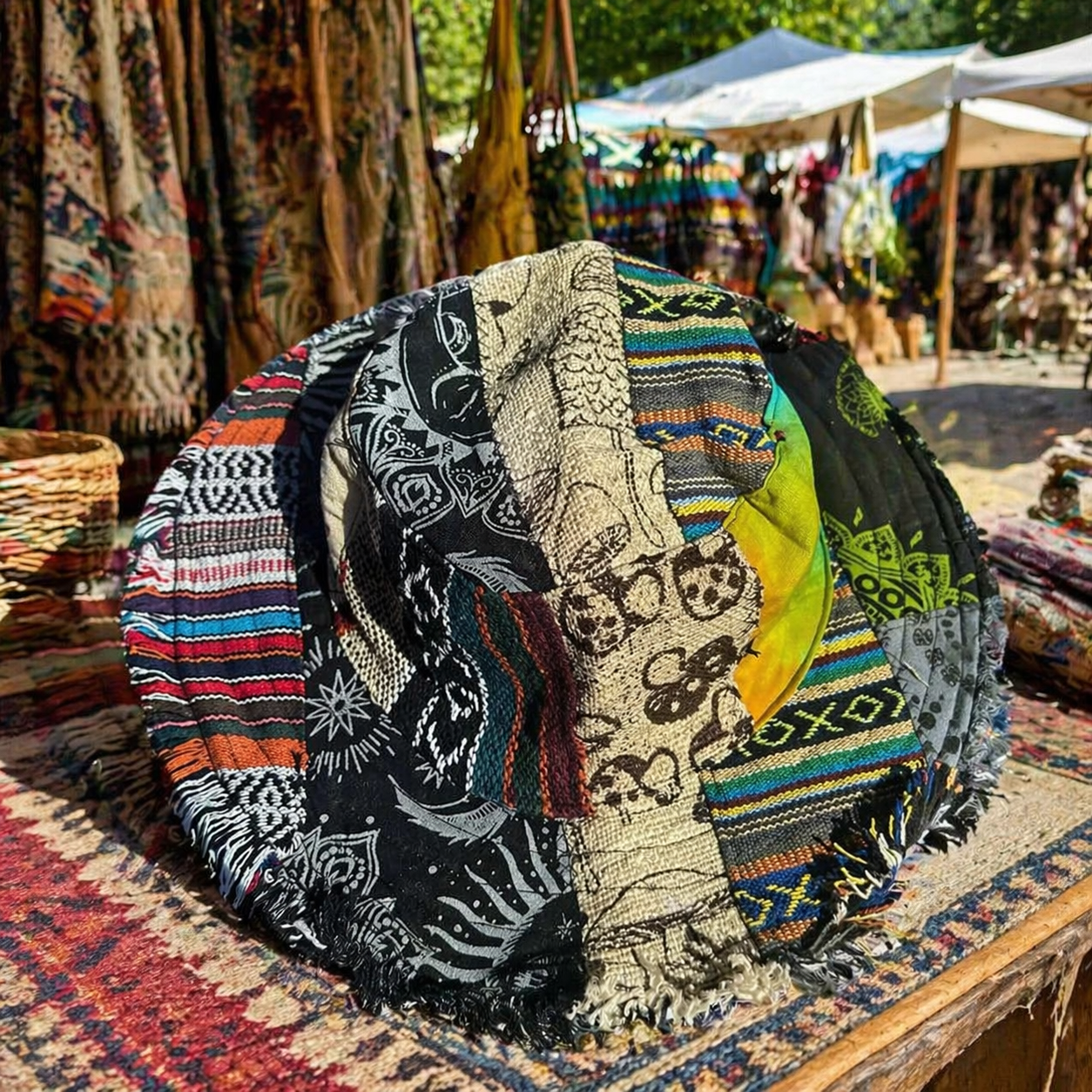 Hippie Haberdashery-🍄Patchwork Multicolored Mushroom Hemp Hat with Hidden Pocket Fedorahats🎩