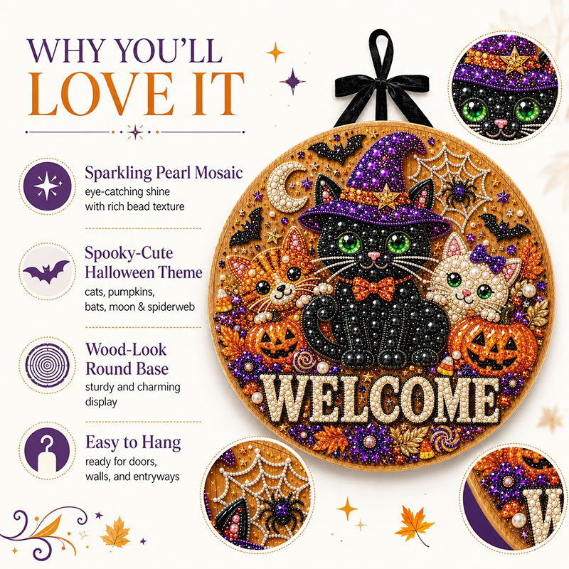  Save 65% Today🎉Halloween Pearl Welcome Sign – Sparkling Cat & Pumpkin Door Porch Decor ✨