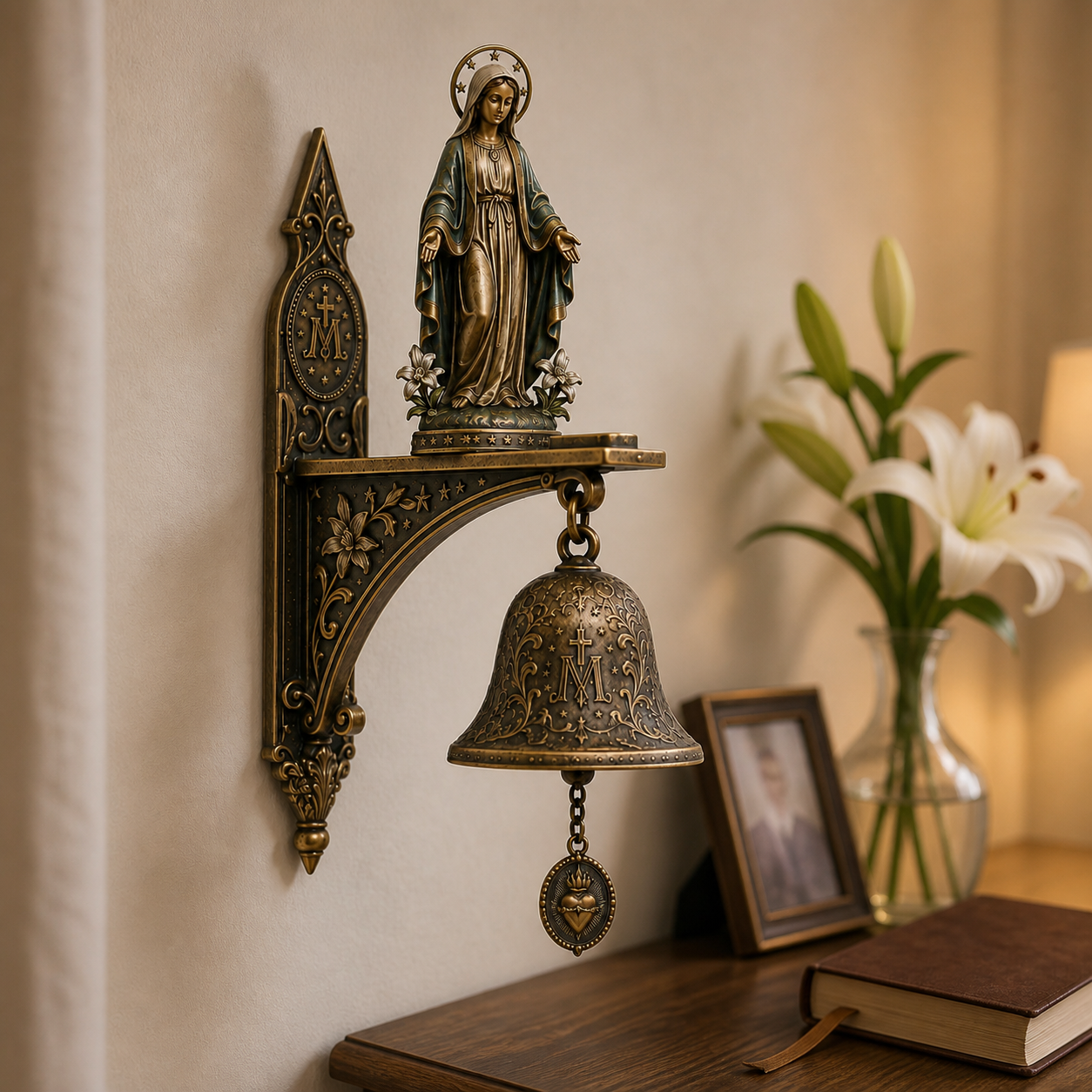 ✨ Our Lady of Grace Bronze Miraculous Medal Wall Bell | 🙏Catholic Religious Home & Garden Decor"