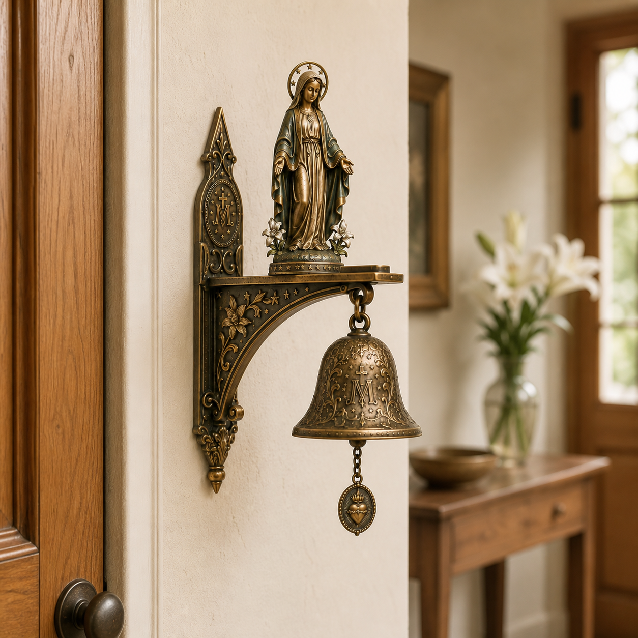 ✨ Our Lady of Grace Bronze Miraculous Medal Wall Bell | 🙏Catholic Religious Home & Garden Decor"