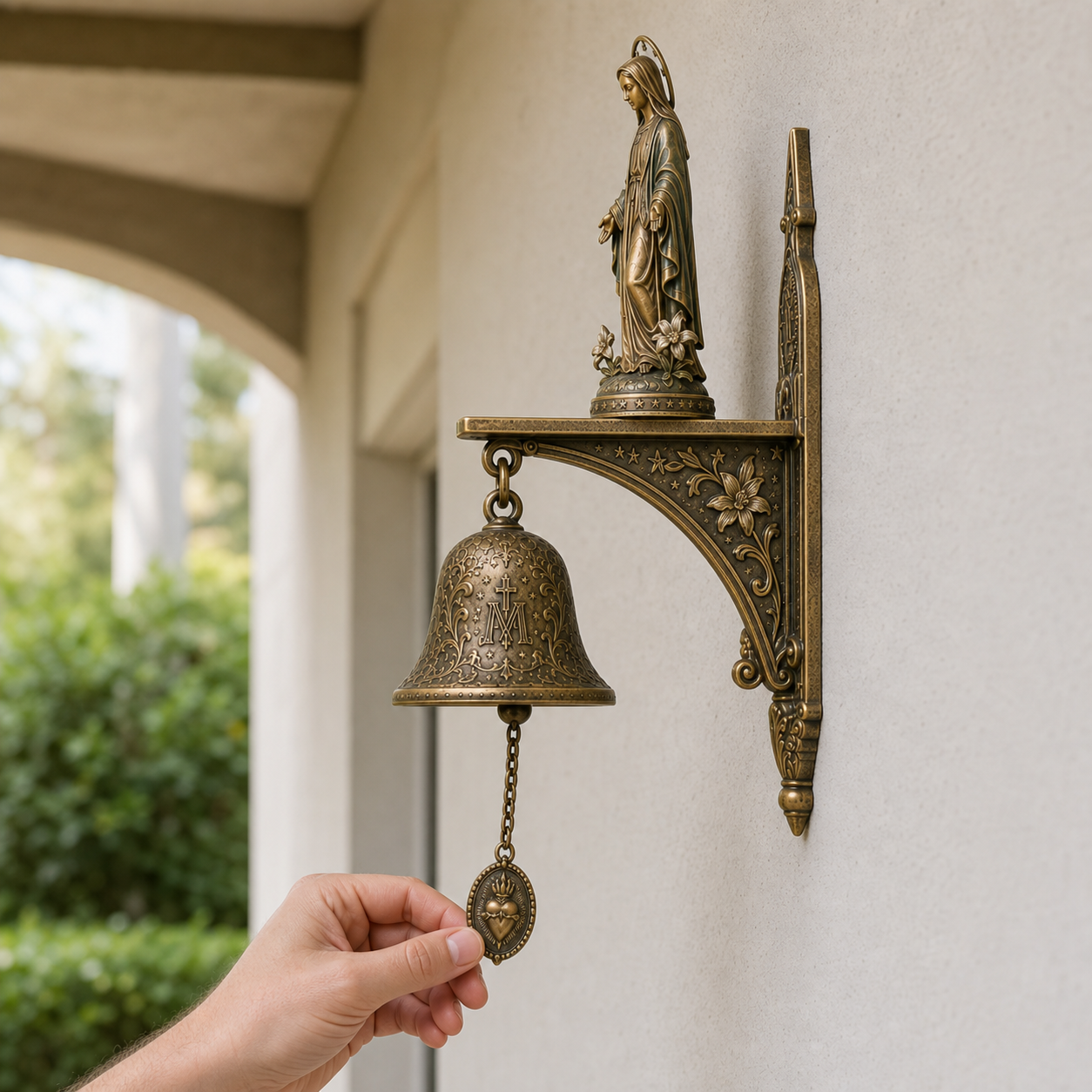 ✨ Our Lady of Grace Bronze Miraculous Medal Wall Bell | 🙏Catholic Religious Home & Garden Decor"