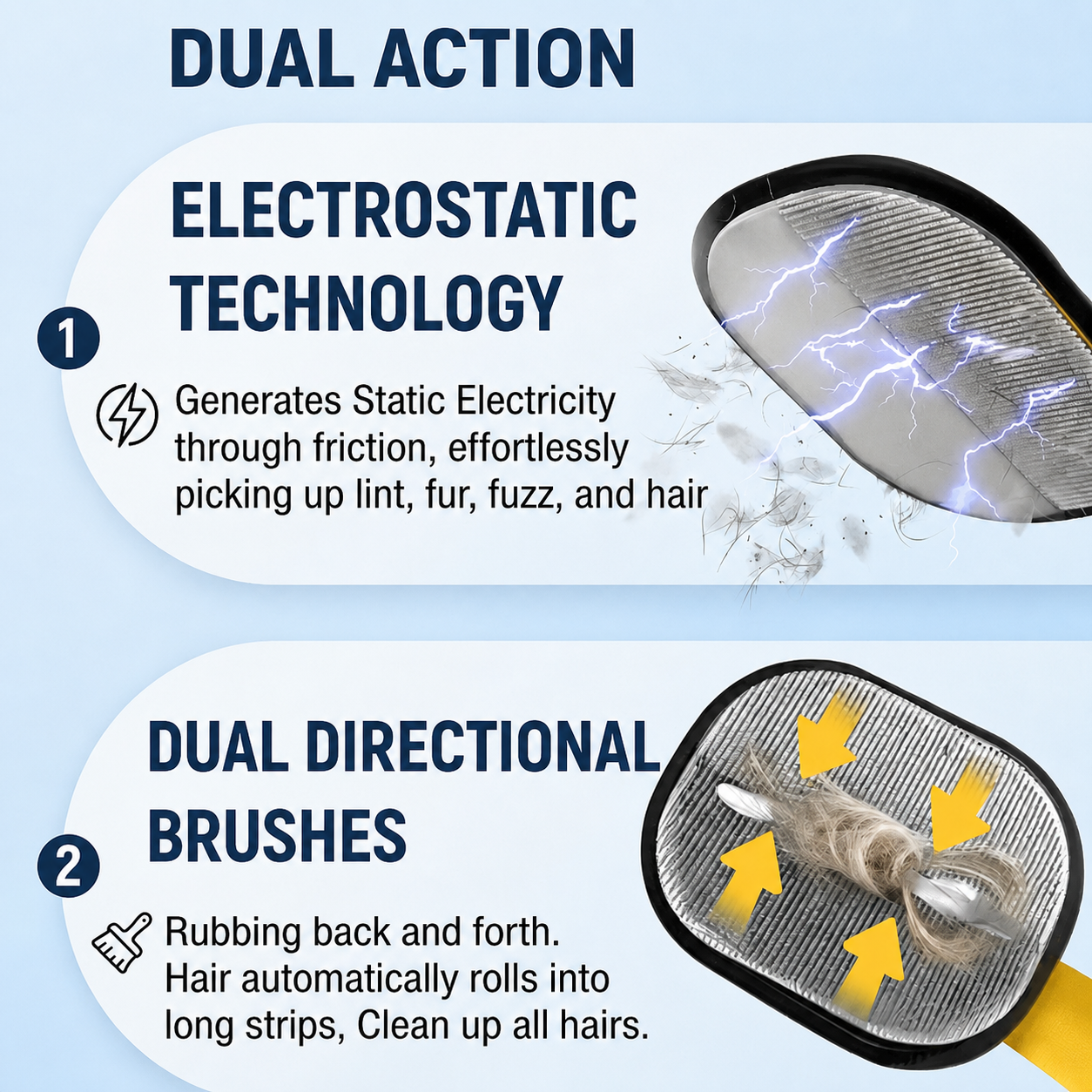 Dual-action electrostatic pet hair removal surface