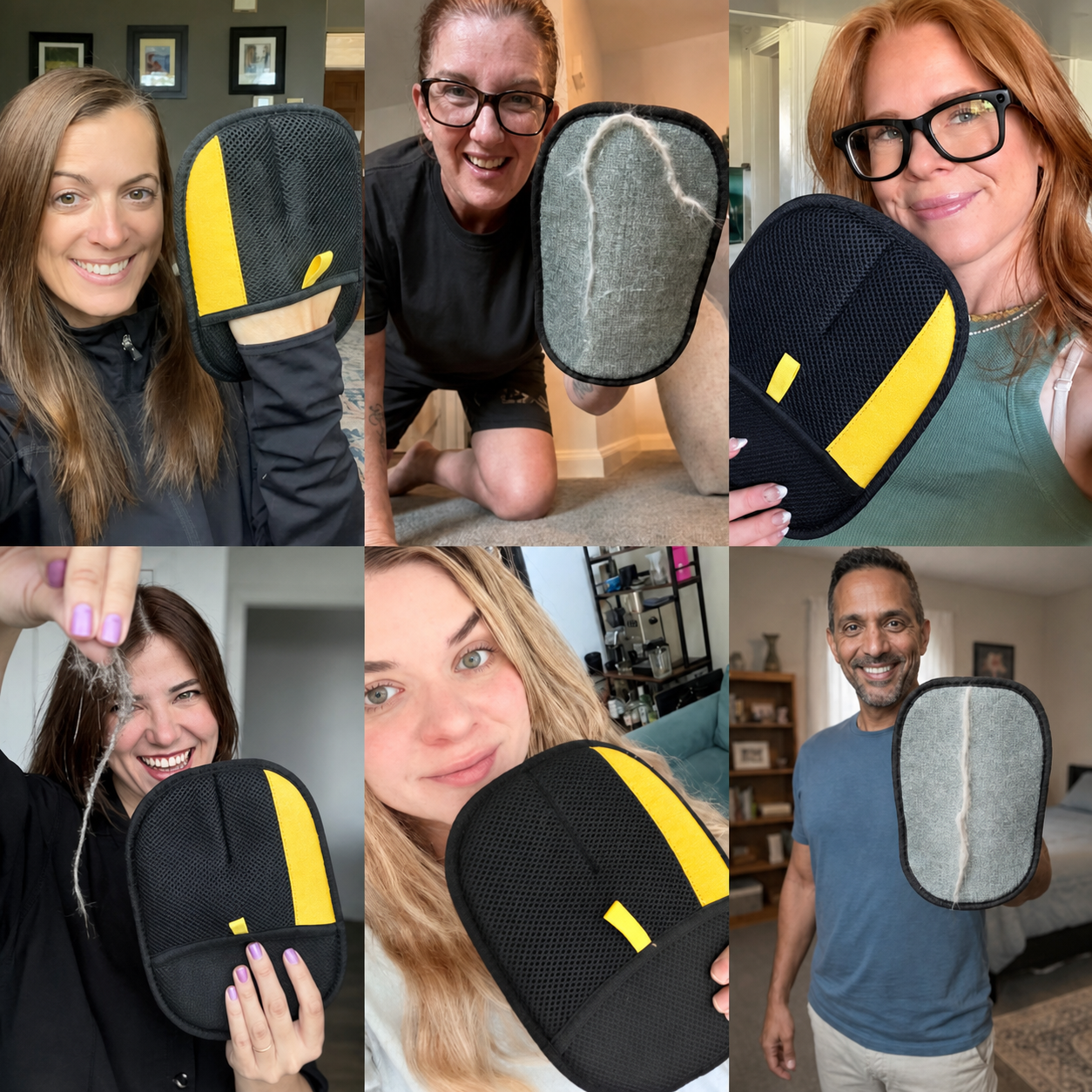 Pet owners holding reusable pet hair remover gloves