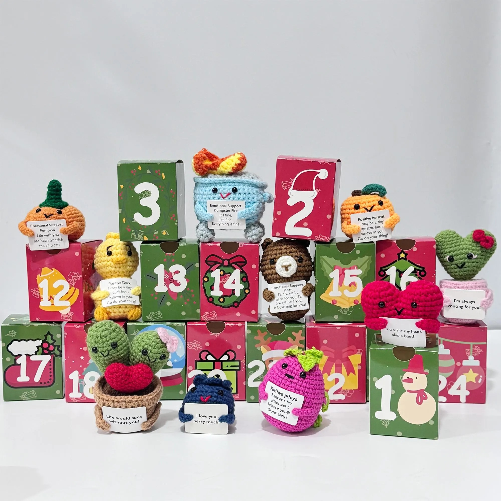 Crochet characters with positive message cards