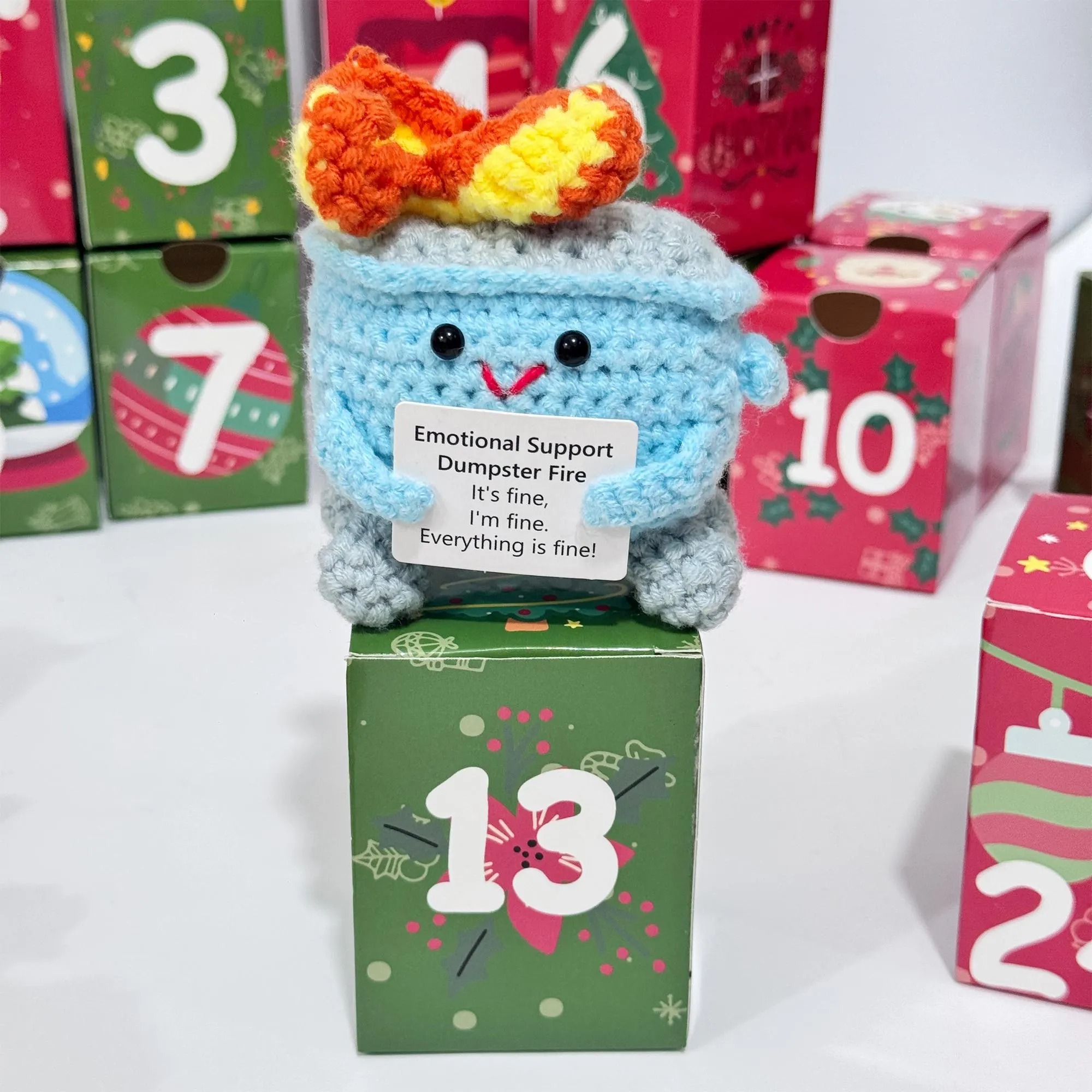 Funny crochet character with an uplifting message