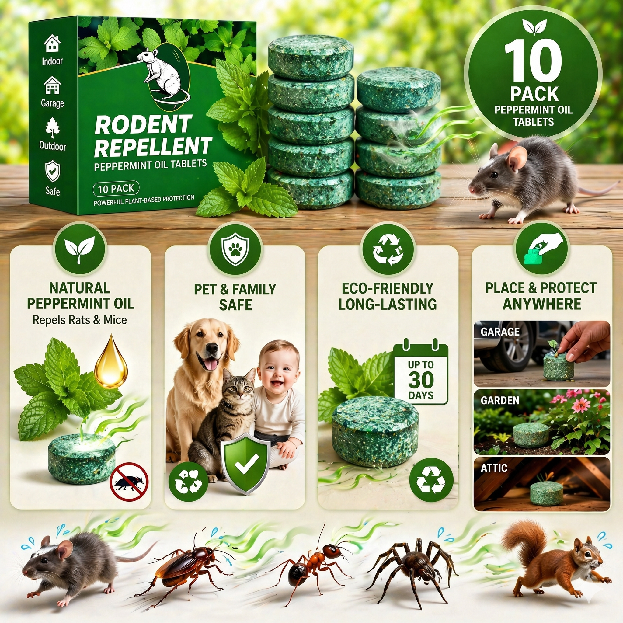 💥LAST DAY SALE 65%OFF💥🟢 Natural Peppermint Rodent Repellent Tablets – 10 Packs
