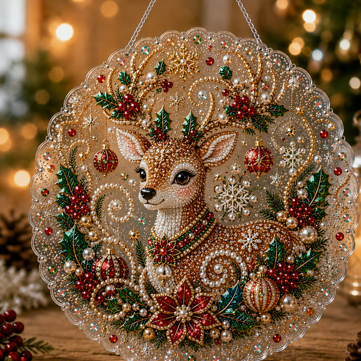 🎄 LAST DAY 49% OFF – ✨ Christmas Pearl Diamond Art Hanging Ornament Kit | Luxury Flocked Canvas with Scratch-Resistant Non-Fading Pearl Beads DIY Handmade Holiday Hanging Decor 🎅💎