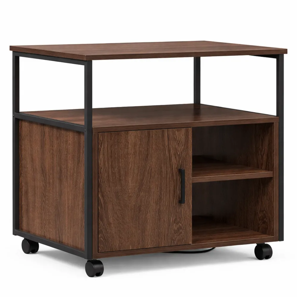 Caisson de Bureau Mobile en Chêne Marron avec Roulettes et Station de Recharge