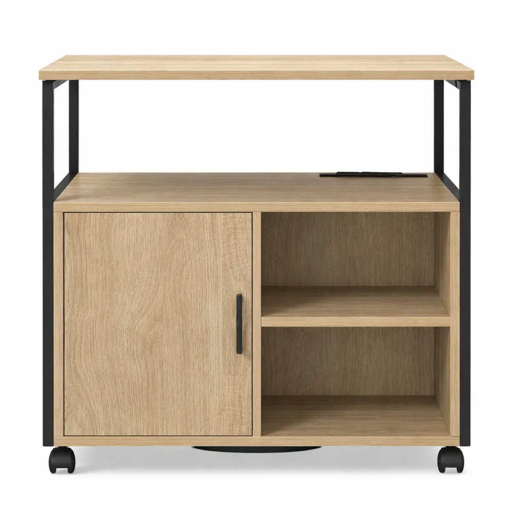 Caisson de rangement mobile avec roulettes et station de recharge en chêne sonoma