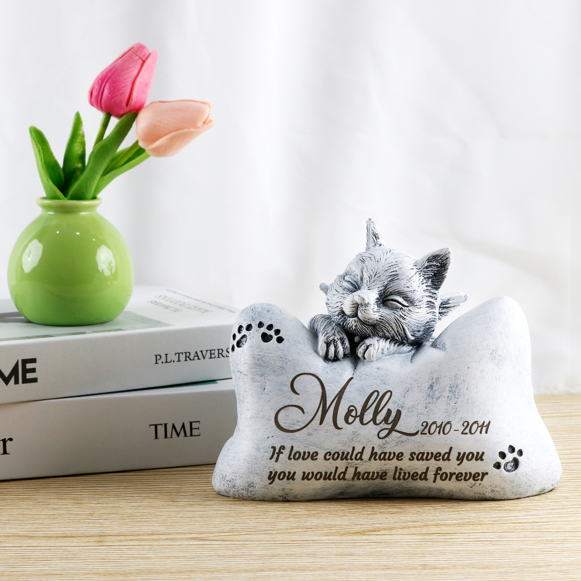 Cat Memory Urn Box, Small Cat Statue with Pillow, Cat Memorial Stone Cat Loss Gift
