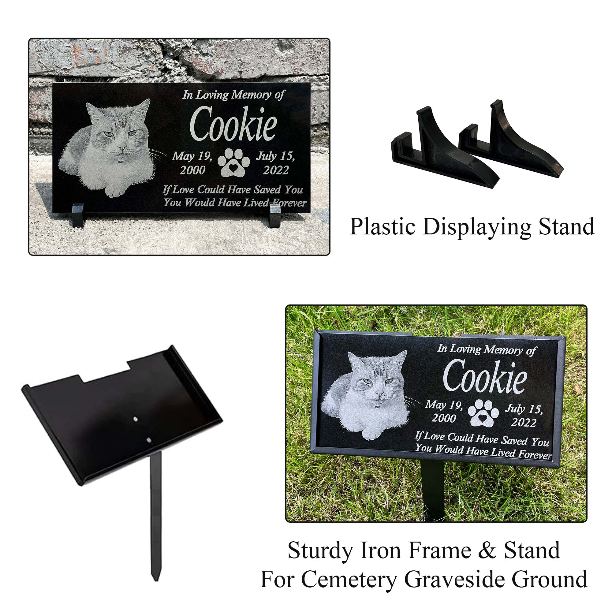 Customized Pet Black Granite Memorial Stone, Cat Dog Grave Marker With Photo