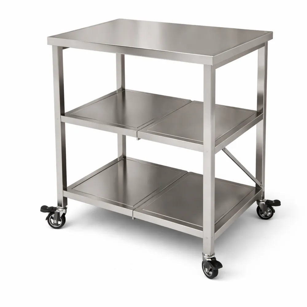Klappbarer Servierwagen aus Edelstahl mit 3 Ebenen und Rollen für die Küche