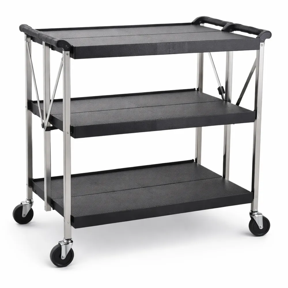 Klappbarer Servierwagen mit Rollen und Bremsen, 3 Ebenen, Schwarz