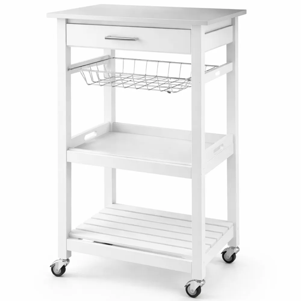 Moderner Küchenwagen mit Schublade und Korb, Edelstahl-Holz Mischung, 47x39x85 cm, Weiß