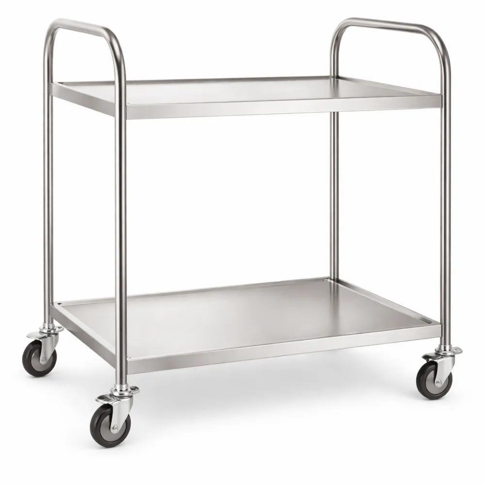 Silberner Servierwagen mit zwei Ebenen aus Edelstahl