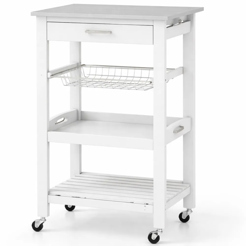 Rollbarer Küchenwagen mit Schublade und Ablagen, Kleiner Servierwagen für Küche und Esszimmer, Weiß