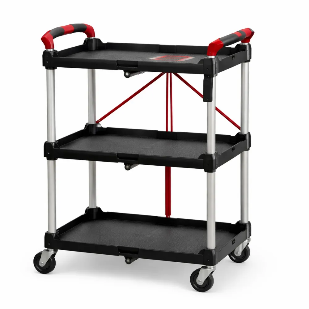 Kompakter Rollwagen mit hoher Tragkraft und drei klappbaren Ebenen