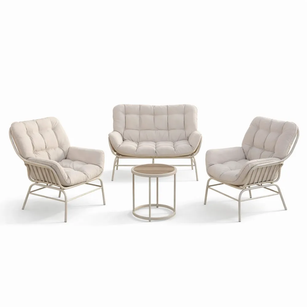 Garten-Lounge-Set mit Sofa und Sitzgruppe, Helles Rattan mit Beigen Kissen
