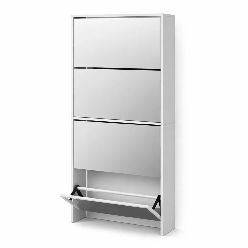 Schuhkommode mit 4 Klappen und Spiegel für 12 Paar, weiß