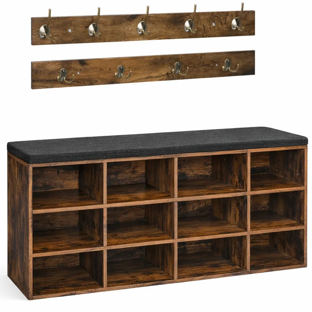 Schuhregal und Garderobe mit Sitzbank und Haken, vintagebraun