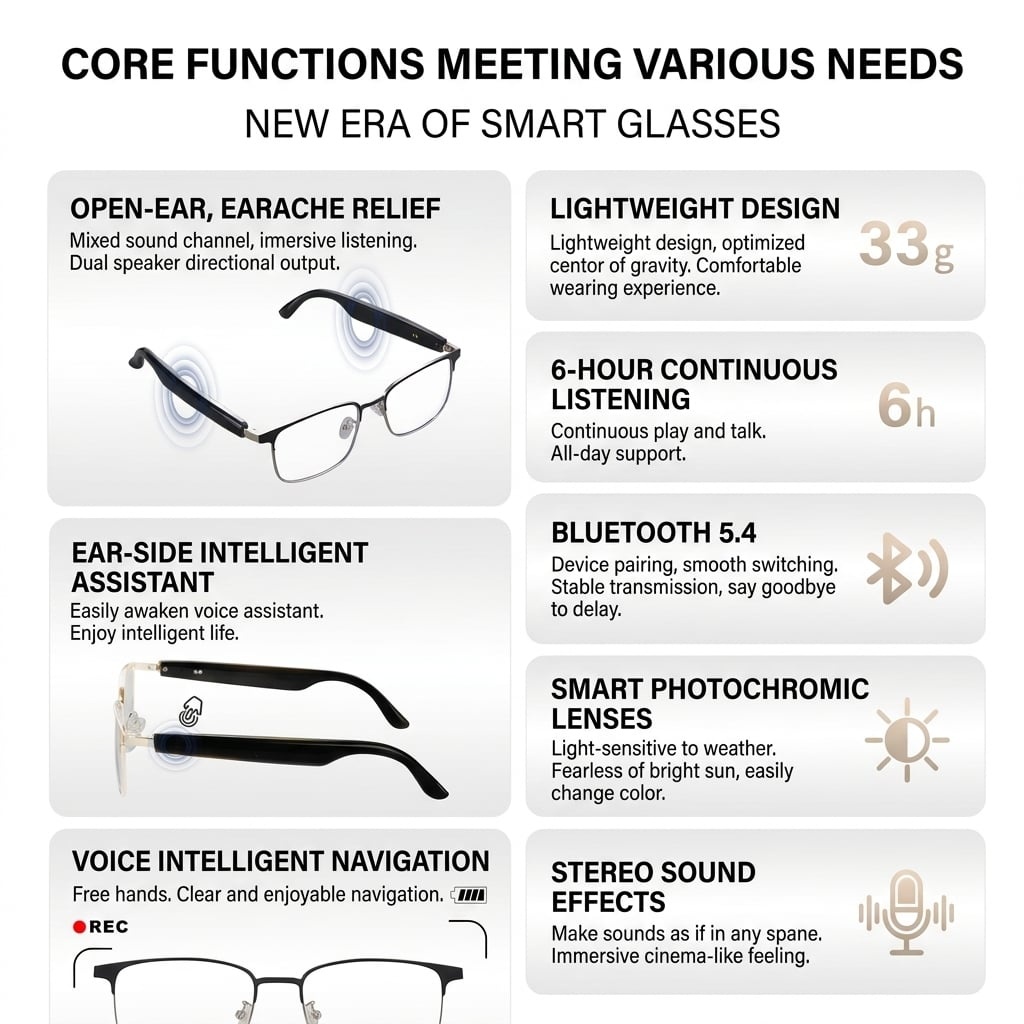 👀 All-weather mobile AI eye assistant, real-time synchronous translation in milliseconds, cross-border barrier-free communication, hands-free calls, music playback, message voice notifications, first-person high-definition shooting