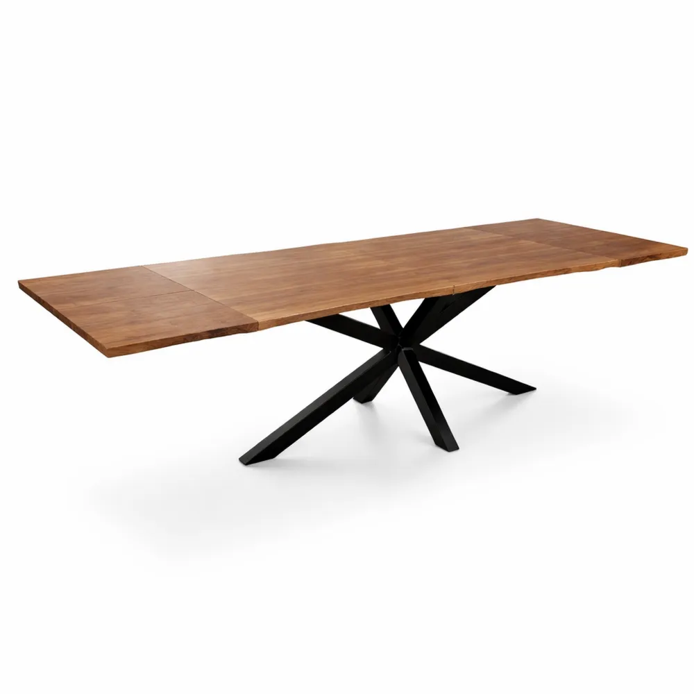 Esstisch aus massivem Akazienholz mit Ansteckplatten und Metallgestell