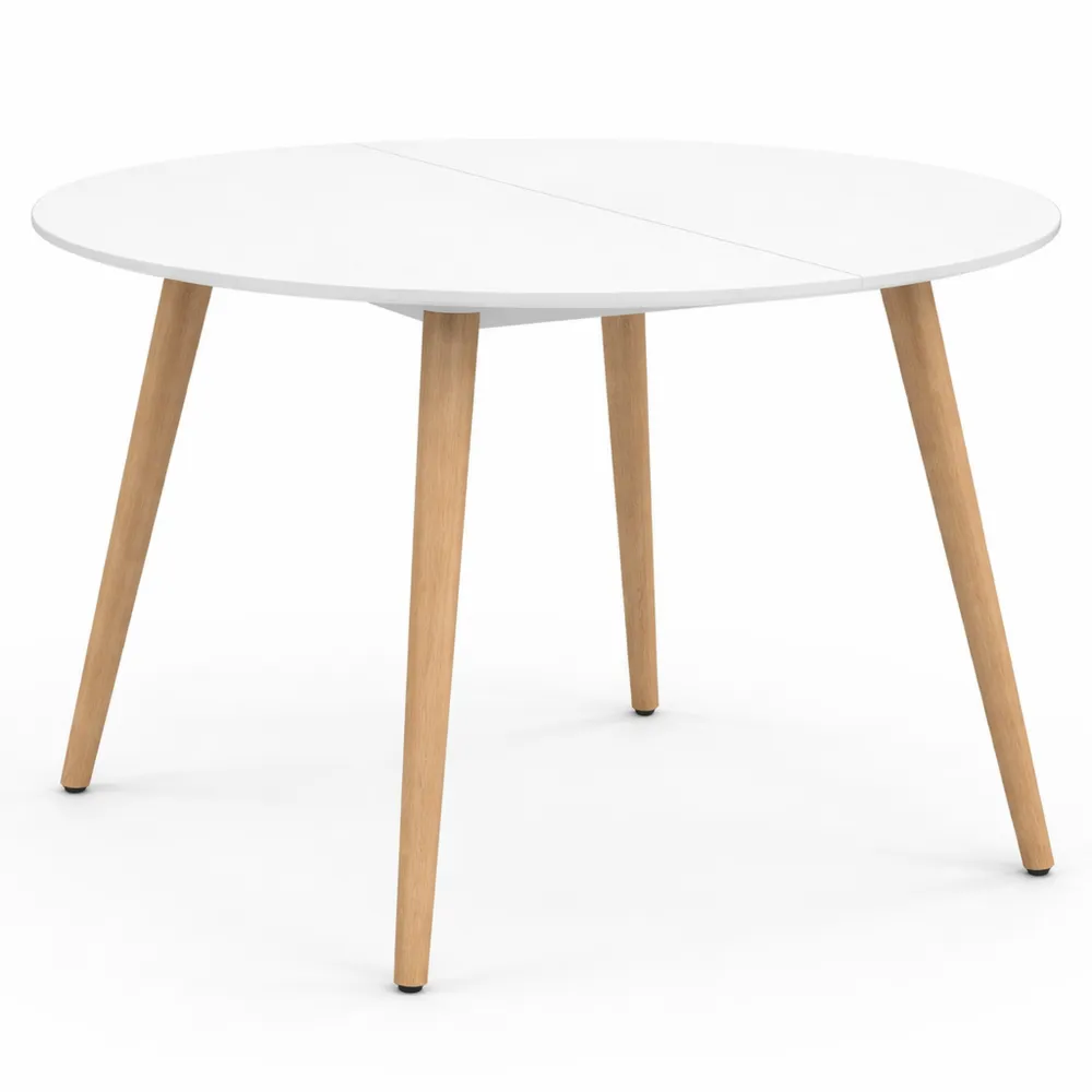 Runder Esstisch für 4-6 Personen, Weiß mit Holzbeinen, 110 cm