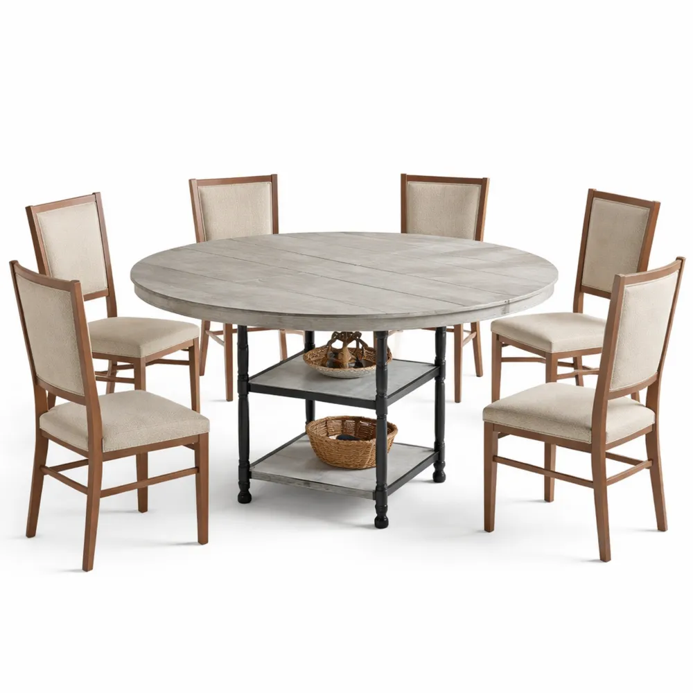 Runder Esstisch mit Stauraum und Römischen Säulenbeinen, 120cm, Metall, für 4-6 Personen