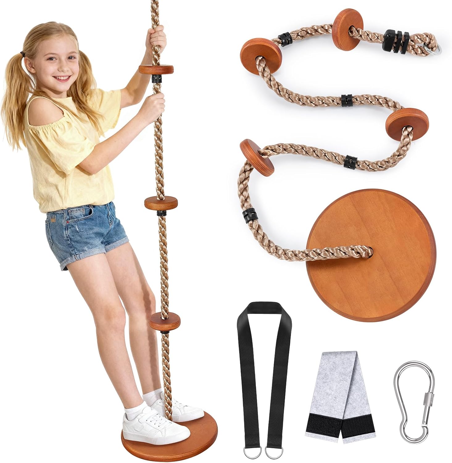 Wooden Disc Swing Set with Climbing Rope & 4 Platforms