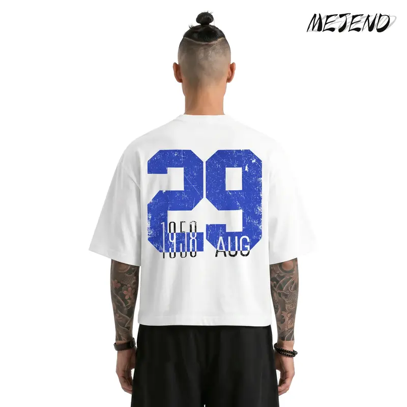 MeJend 12 oz Heavyweight Cotton Cropped Tee, Oversized Number Print T Shirt