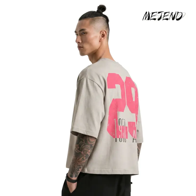 MeJend 12 oz Heavyweight Cotton Cropped Tee, Oversized Number Print T Shirt