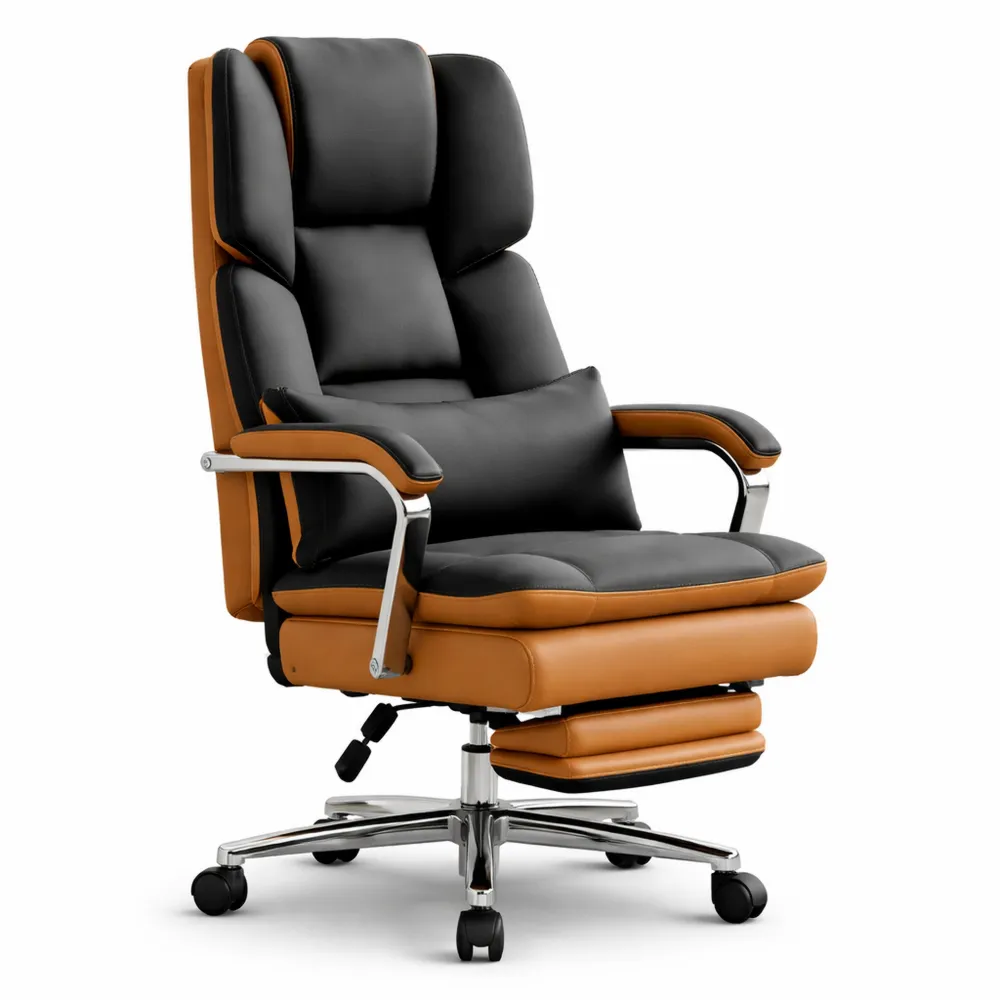 Ergonomischer Bürostuhl mit Fußstütze und Lendenwirbelstütze, Verstellbarer Home Office Stuhl, Hohe Rückenlehne, Schwarz