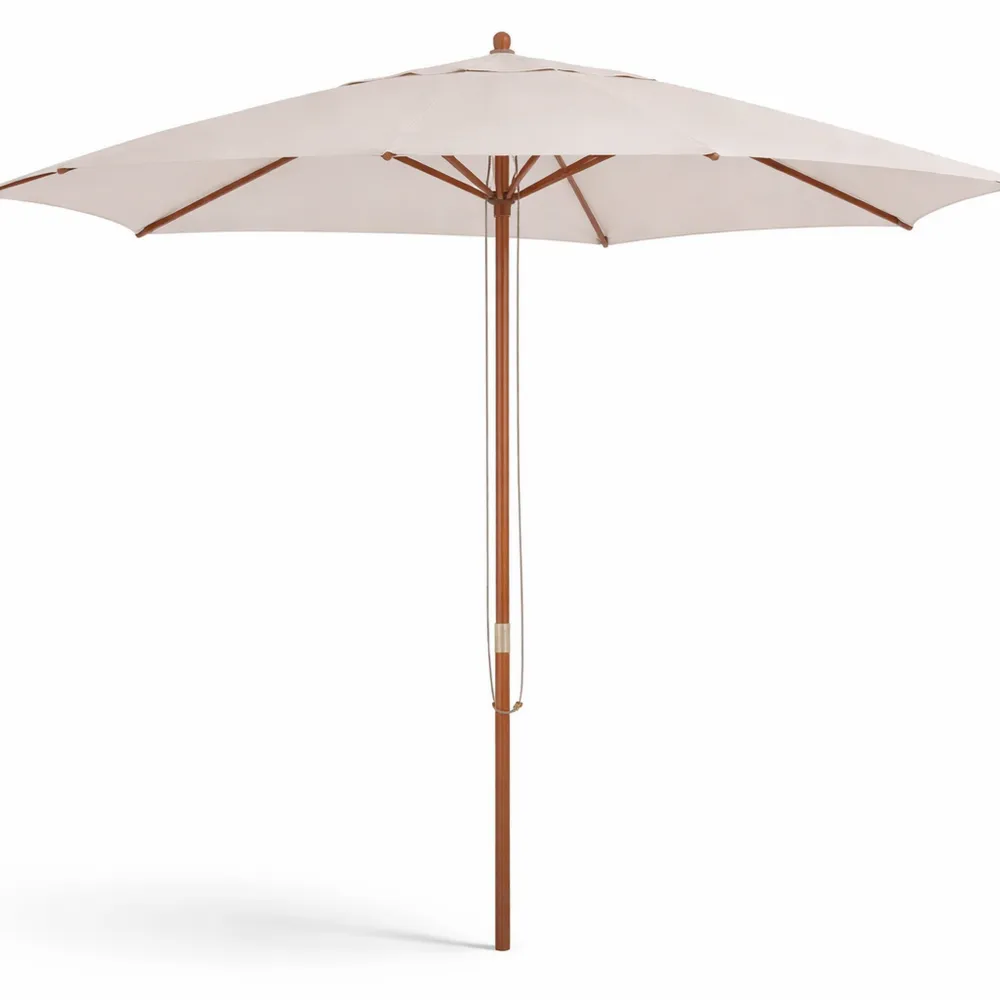 Großer Gartenschirm aus Holz und Polyester, Creme, Ø 3m