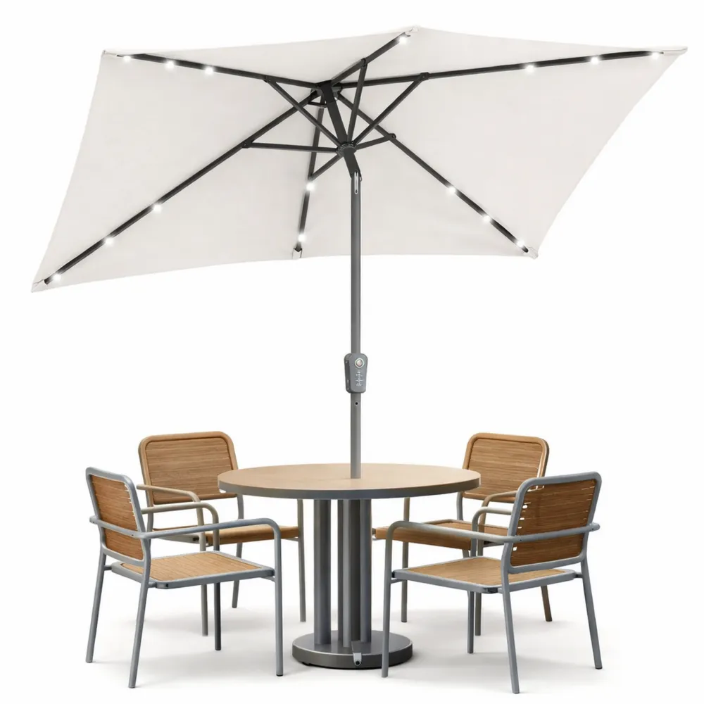 Rechteckiger Sonnenschirm mit LED Beleuchtung, neigbar für Balkon, Terrasse, Garten