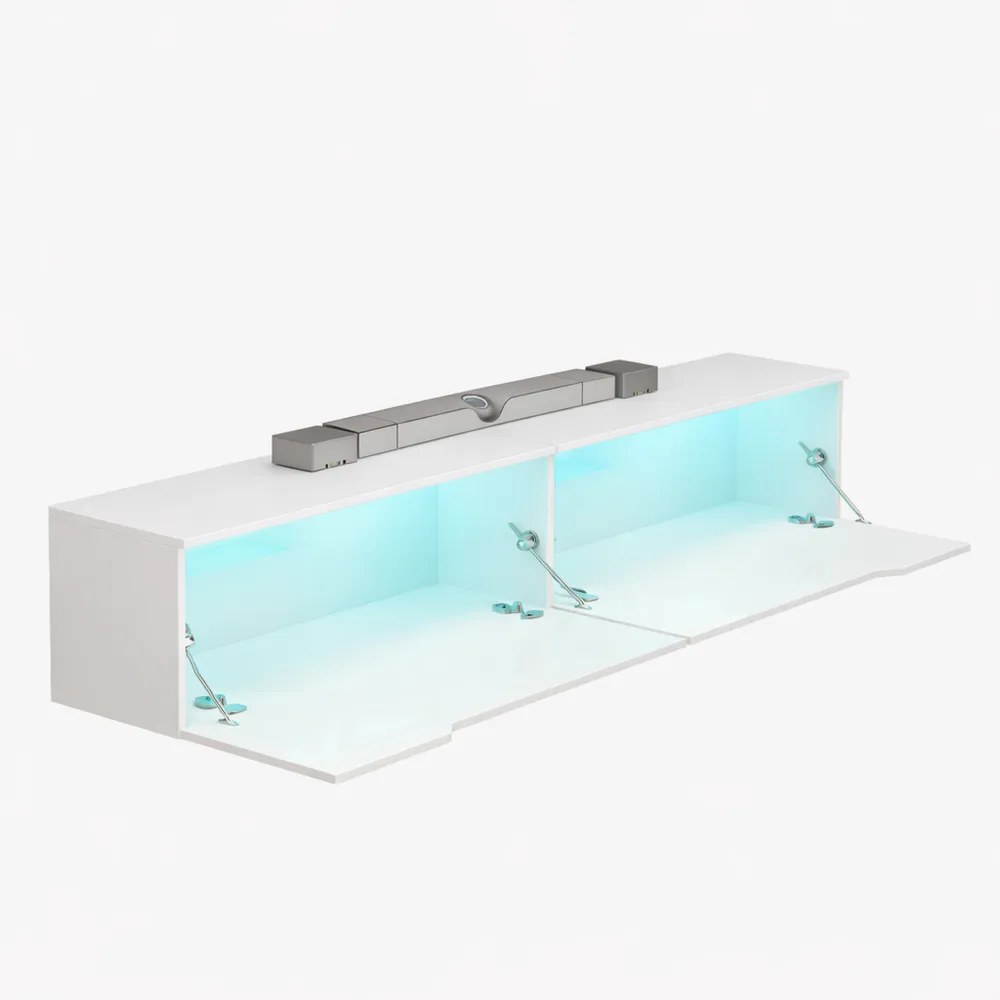 Wandmontierter TV-Schrank mit LED-Beleuchtung und zwei Stauraumschränken