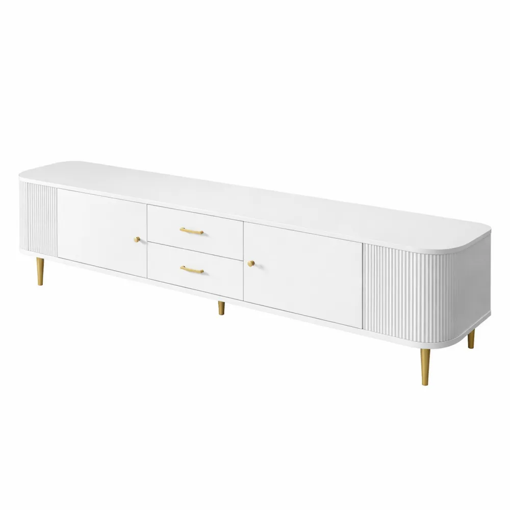 Moderner Fernsehtisch mit gewellten Seiten und goldenen Griffen, 2 Türen und 2 Schubladen, abgerundete Ecken, MDF, Weiß