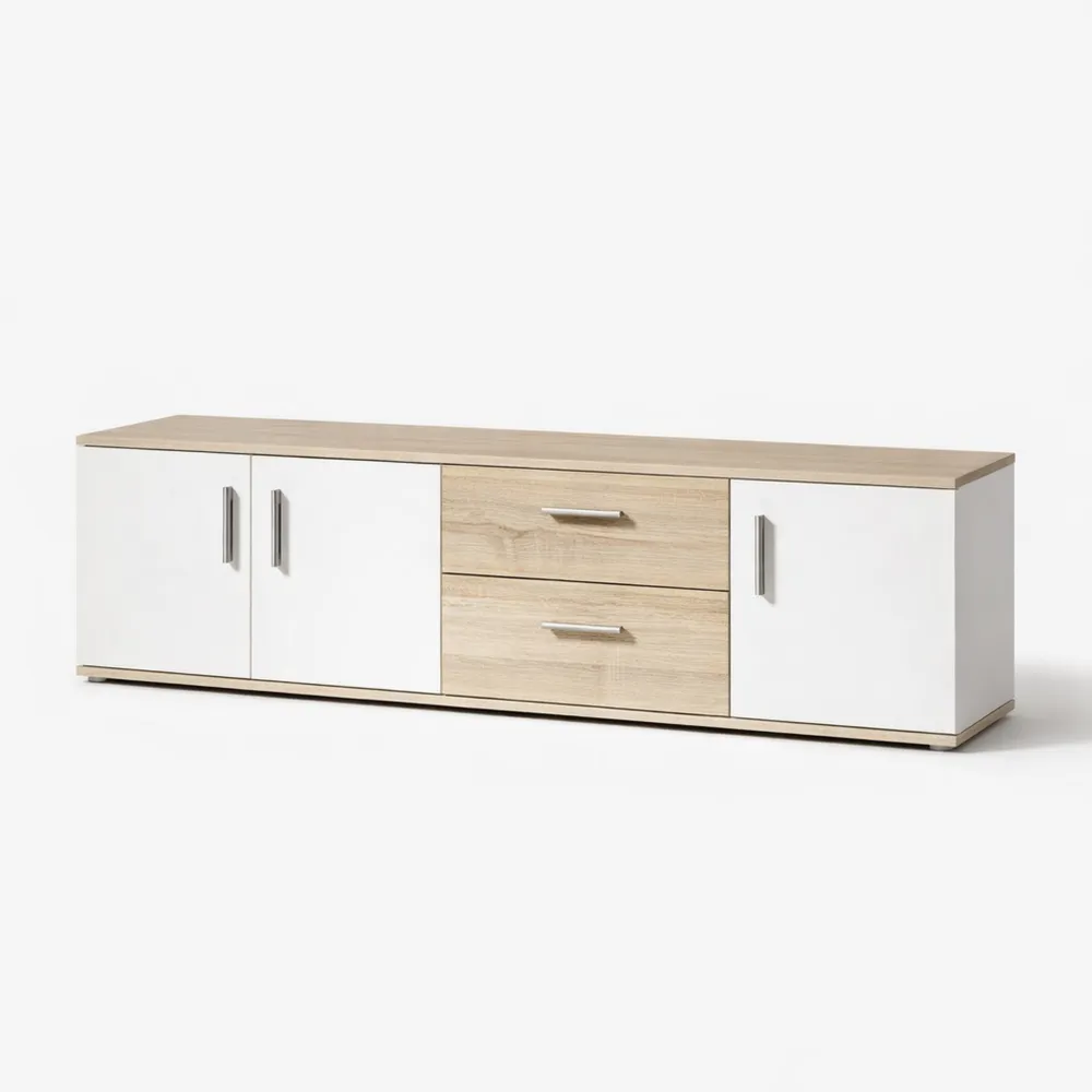 Moderner TV-Schrank mit Türen und Schubladen, Weiß und Eiche Dekor