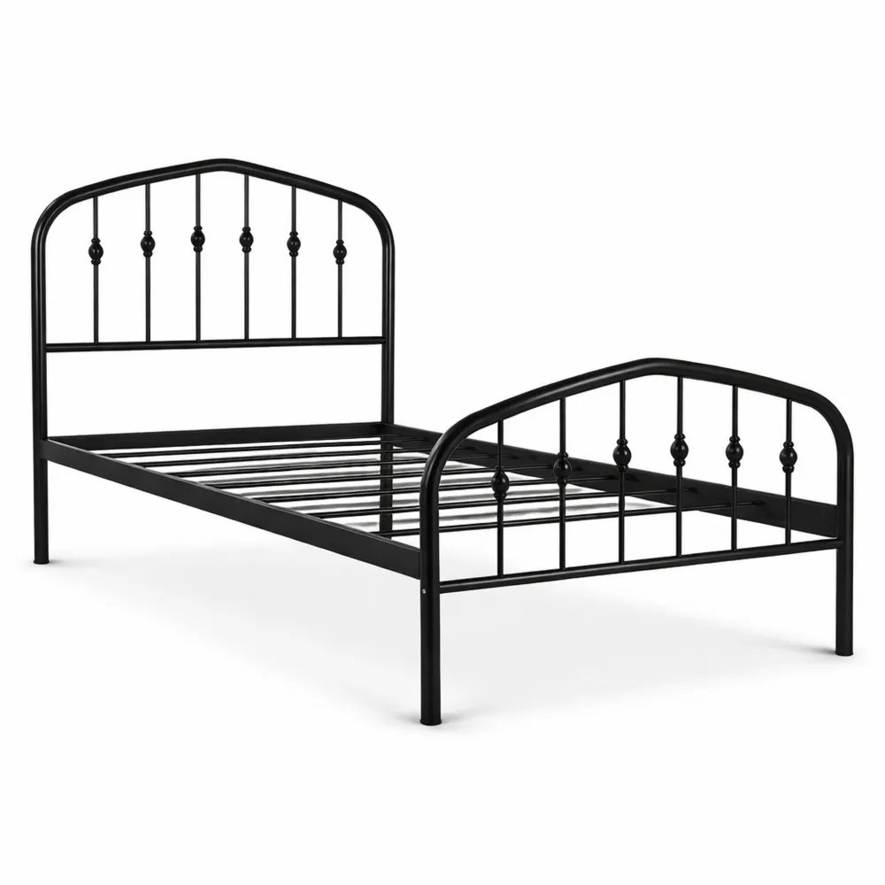 Metallbett 90 x 200 cm mit dekorativem Kopfteil, Stabiler Bettrahmen für Einzelzimmer, Schwarz