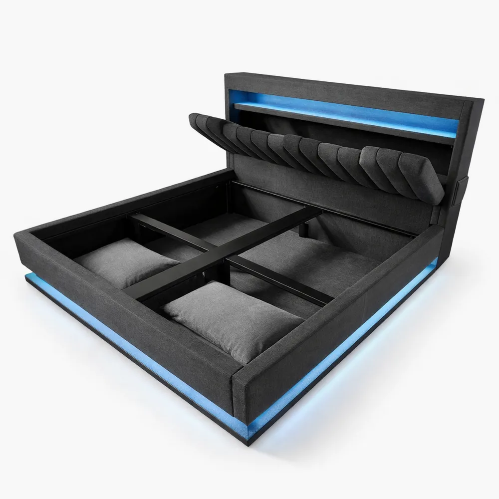 Doppelbett mit LED und Stauraum, 180x200 cm, inklusive Lattenrost und USB-Anschluss, Leinen, Grau