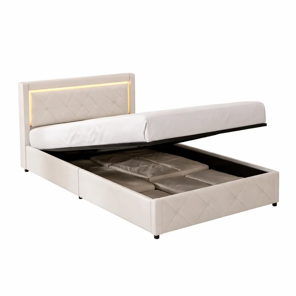 Einzelbett 90x200 mit Stauraum und LED-Beleuchtung