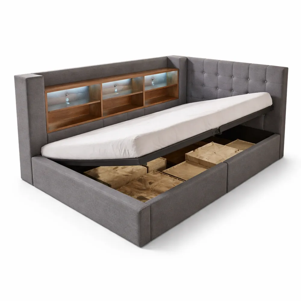 Stauraum-Doppelbett 140 x 200 cm mit LED und Kopfteil