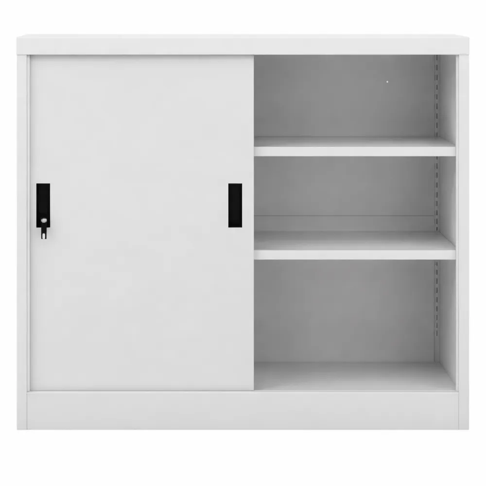 Armadio in Metallo Multiuso con Ante Scorrevoli e Chiave per Ufficio, 90x40x90 cm, Grigio Chiaro