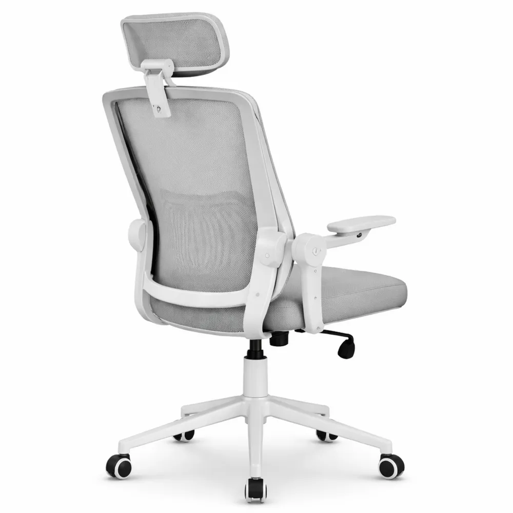 Sedia da ufficio ergonomica con braccioli ribaltabili e poggiatesta, rivestimento in rete traspirante